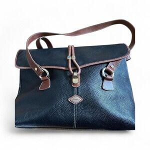 I Santi Italy Black Pebbled Leather Shoulder Bag Brown Trim F3354 Vintage